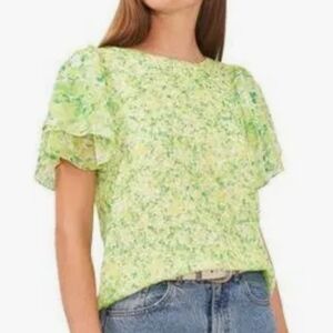 VINCE CAMUTO Blooming Brights Floral Ruffle Flutter Short Sleeve Blouse Medium